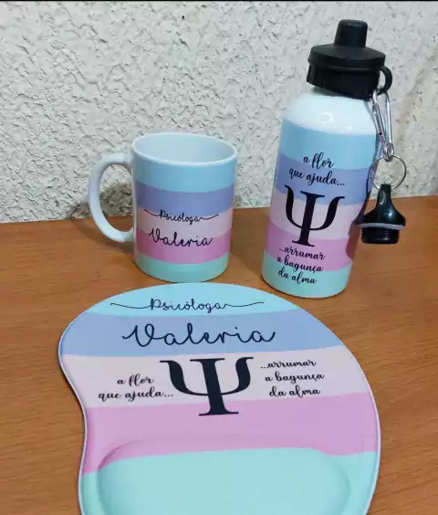 Squeeze Aluminio 500ml + Caneca Cerâmica Branca + Mouse Pad Gota com Apoio Pisicologia