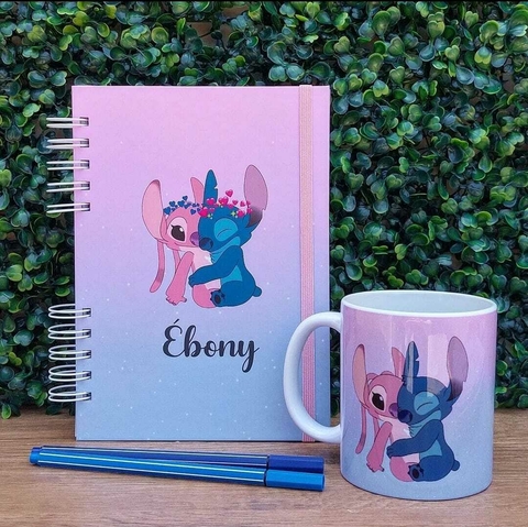 Caderno A5 + Caneca Ceramica Branca 325ml - Stitch