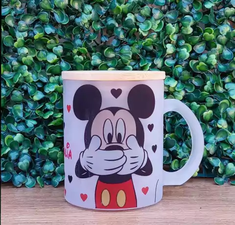 Canecas Vidro Jateado Fosco 325ml + Tampa Bambú Mickey