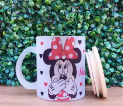 Canecas Vidro Jateado Fosco 325ml + Tampa Bambú - Minnie - comprar online