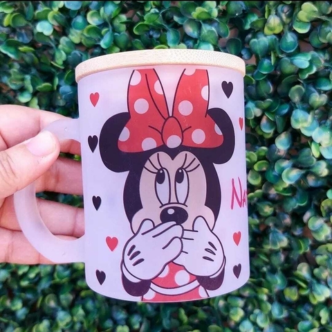Canecas Vidro Jateado Fosco 325ml + Tampa Bambú - Minnie