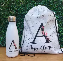 Garrafa Inox Térmica Branca 500ml + Mochila Saco Com Nome (Amigos São Flores Que A Vida Plantou No Nosso Jardim) - comprar online