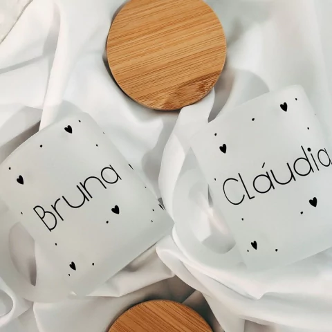 Canecas Vidro Jateado Fosco 325ml + Tampa Bambú