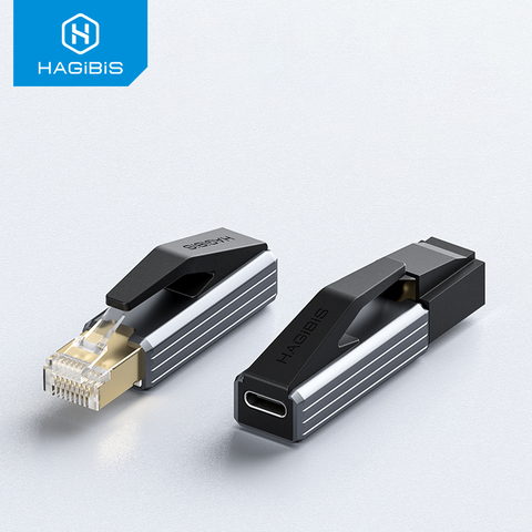 Adaptador Hagibis RJ45 para USB-C com acabamento metálico e conector transparente