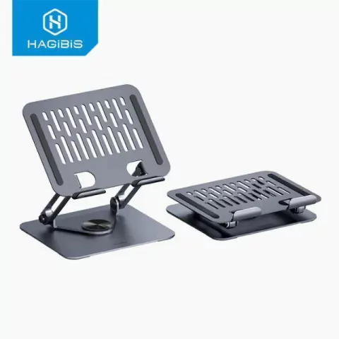 Suporte ajustável para tablet com giro 360°, feito de material metálico, ideal para uso em mesa ou bancada.