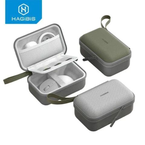 Bolsa organizadora para mouse e acessórios em cores cinza e verde, com compartimentos internos para armazenar mouse, cabos e pequenos itens