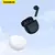 Fones de ouvido Bluetooth 5.3 da Baseus, com estojo de carregamento branco e fones pretos flutuando em um fundo azul claro.