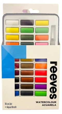 Caja Acuarelas Pastillas x 36 u + Pincel . Reeves