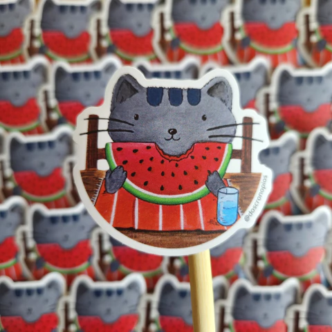 Sticker Gato Pelusa Comiendo Sandia – Arte Original Hecho a Mano - comprar online