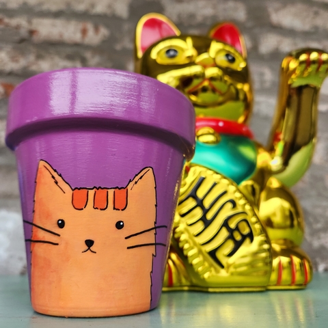 MACETA PINTADA A MANO GATO MANDARINA - DOS CRONOPIOS