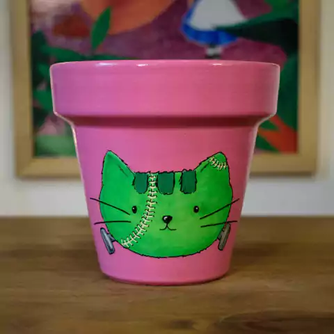 MACETA PINTADA A MANO GATO PELUSA FRANKENSTEIN - DOS CRONOPIOS
