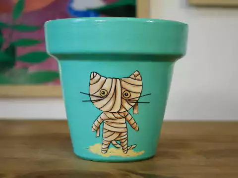 MACETA PINTADA A MANO GATO LATTE HALLOWEEN - DOS CRONOPIOS