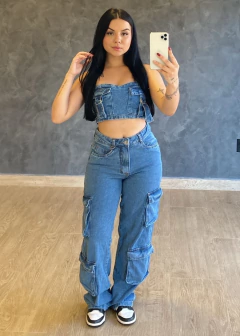 Calça Jeans Feminina Wide Leg Cargo