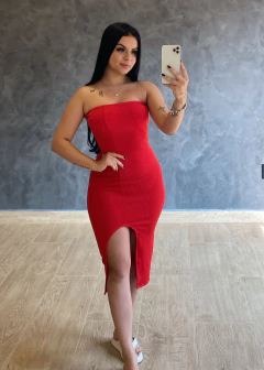 Vestido Canelado Tomara que Caia Mídi Vermelho
