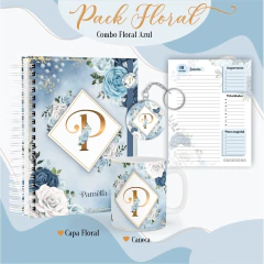 Kit Agenda Personalizada + Caneca + Chaveiro espelho personalizado - Floral Azul