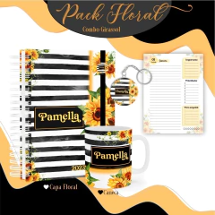 Kit Agenda Personalizada + Caneca + Chaveiro espelho personalizado - Girassol