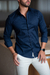 Camisa OXN ML Azul Dark Blue - Modelagem Slim - comprar online