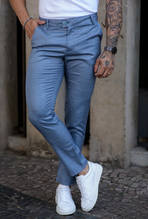 Calça Alfaiataria Italiana OXN Skinny Xadrez Azulada