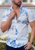 Camisaria OXN MC Tricoline Estampa Floral Azul Modelagem Slim
