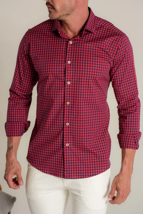 Camisa OXN ML Xadrez Vermelho - Modelagem Slim