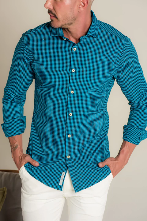 Camisa OXN ML Xadrez Mini Azul Royal - Modelagem Slim