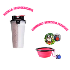 BOTELLA ALMACENADORA MÁS COMEDERO-BEBEDERO PORTÁTIL/PLEGABLE - comprar online