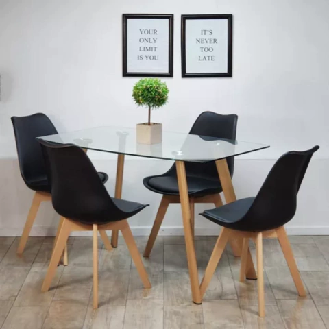 JUEGO DE MESA DE VIDRIO FERRA 80 X 120 + 4 SILLAS TULIP