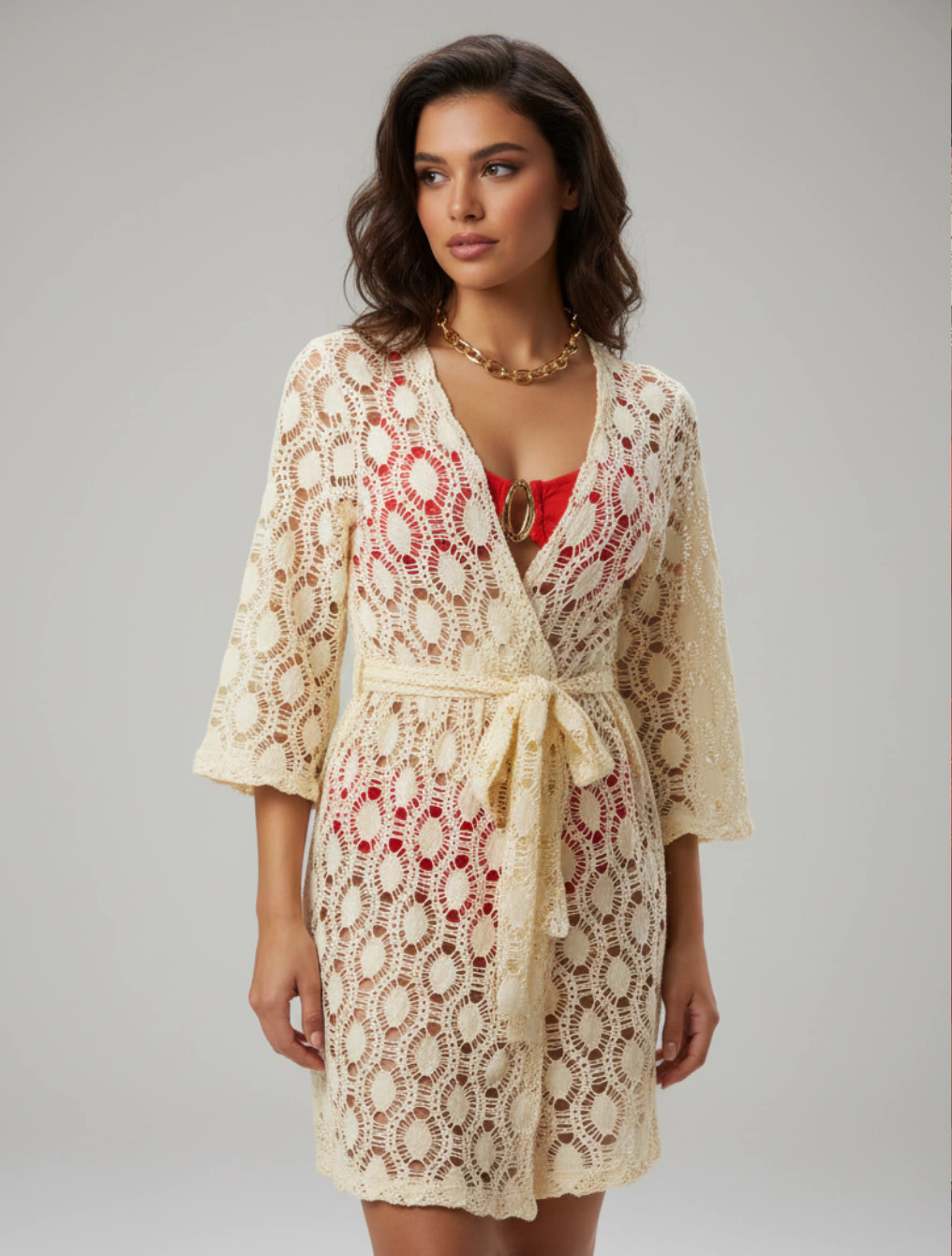 Kimono saída de praia macramê comprimento curto aberto e leve margarida | creme