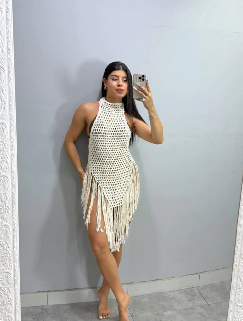 Vestido Saída de Praia Com Franja Em Croche Mariah | Areia