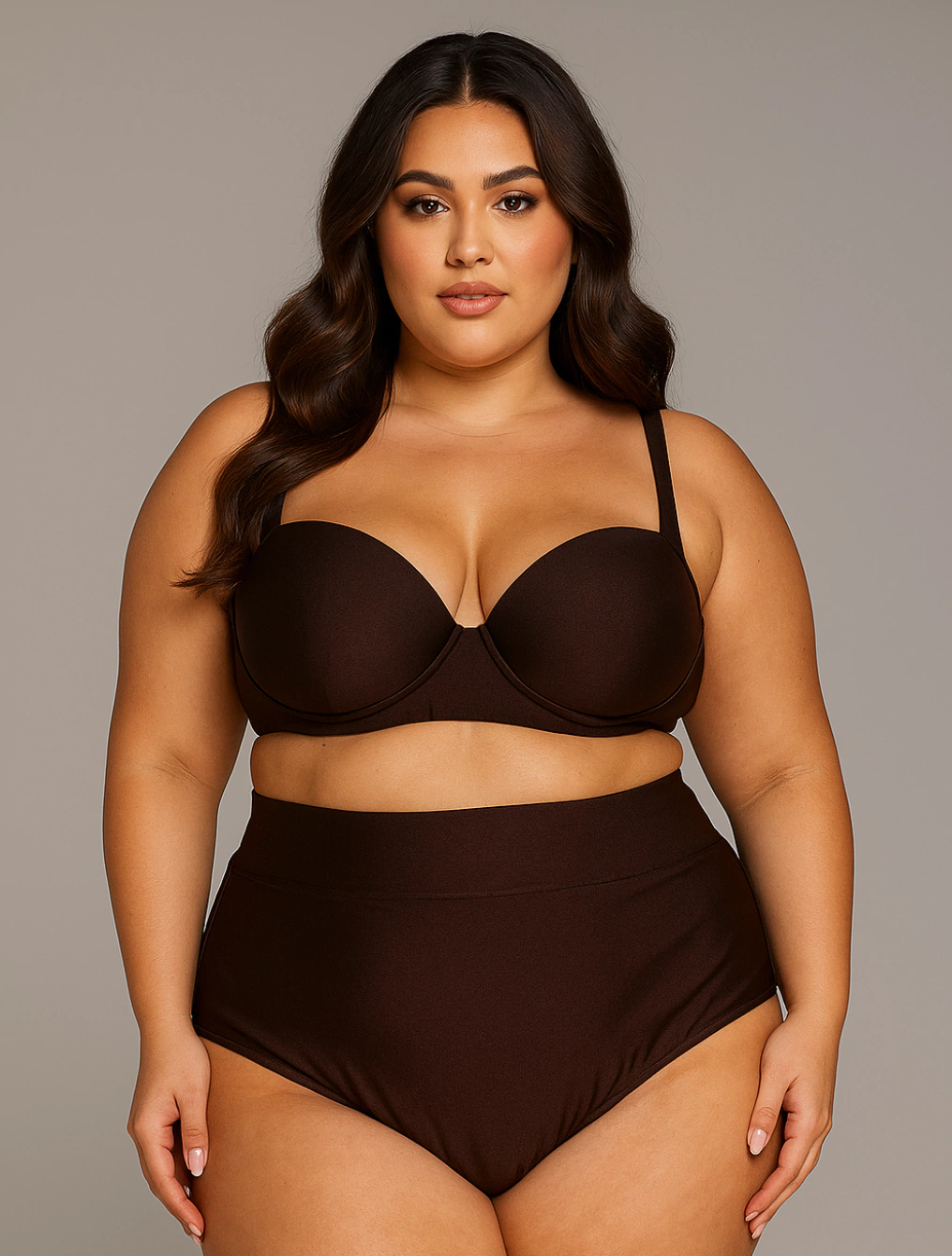 Biquíni Plus Size Alta Sustentação Top Com Bojo e Calcinha Hot Pant Bethânia | Café