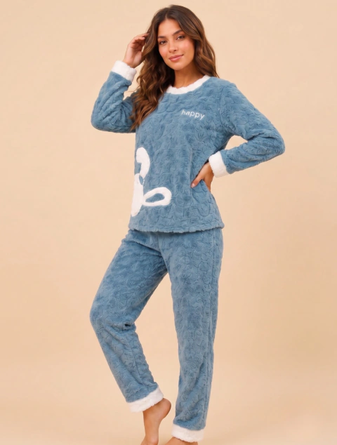 Pijama Feminino Com Camisa Manga Longa e Calça Coelinho Plush | Azul