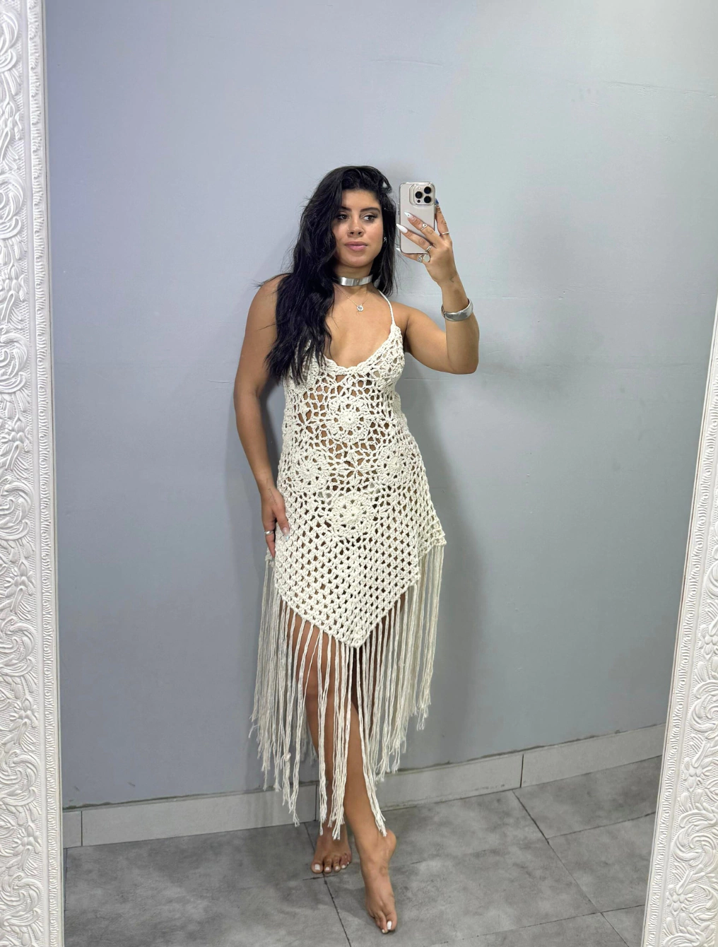 Vestido Saída de Praia Com Franja Em Croche Agata | Areia
