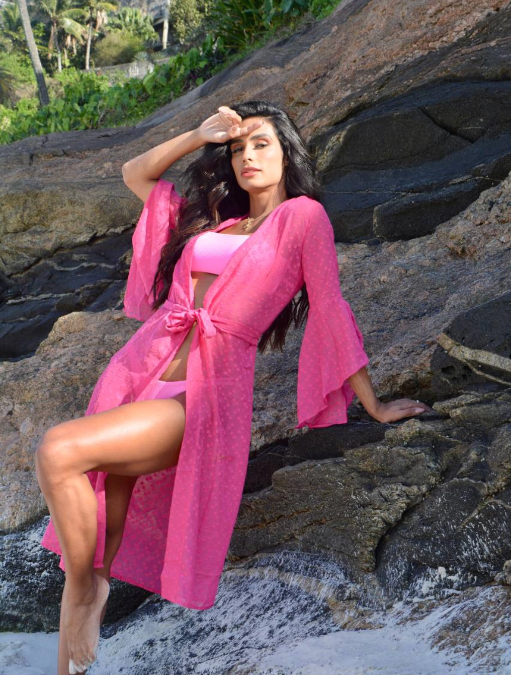 Kimono Poá Texturizado Com Manga Flare | Pink