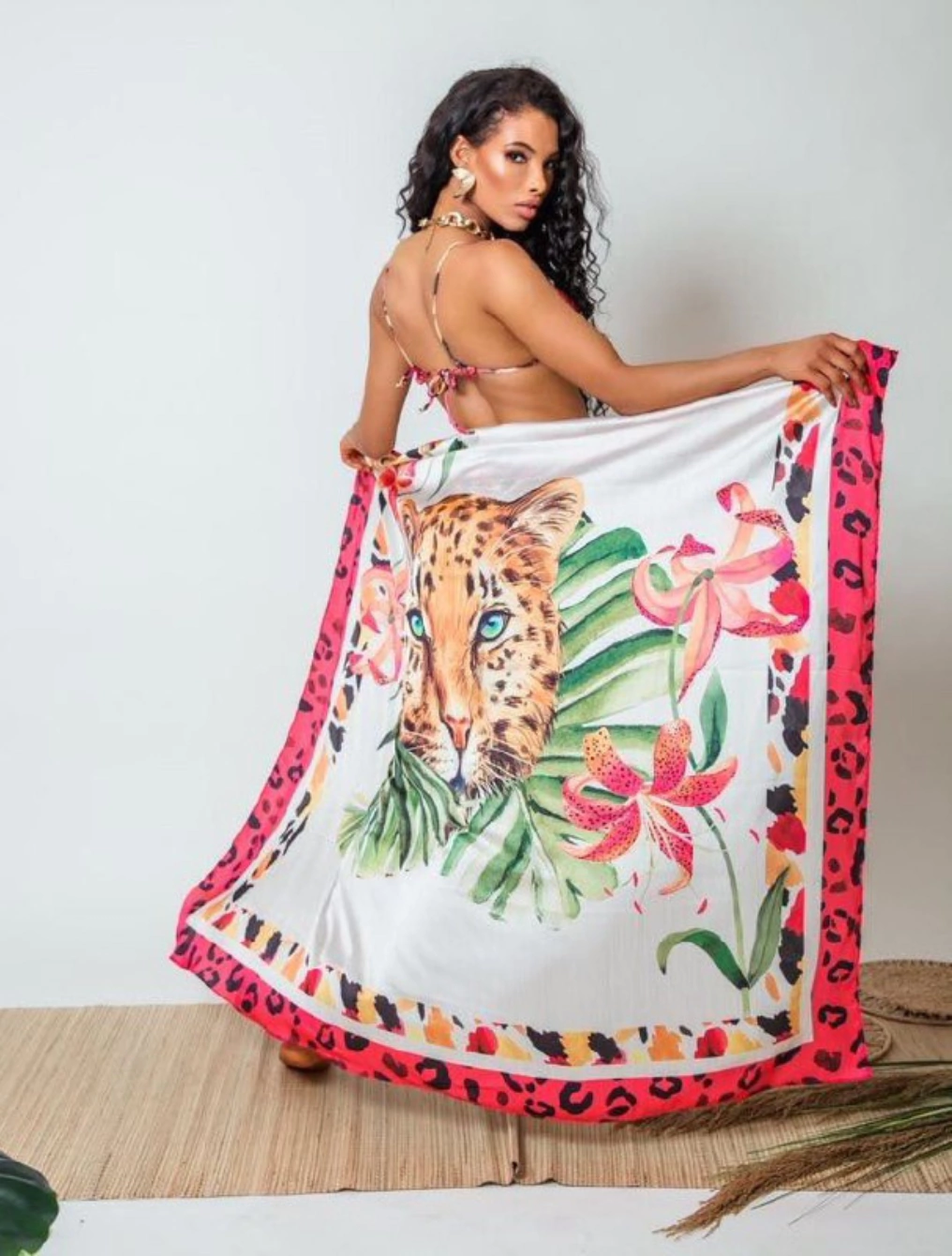 Panneaux Com Amplas Amarrações Tecido Chiffon Onça | Pink