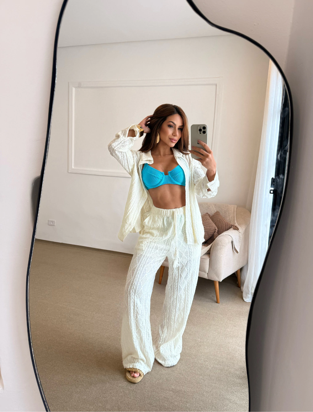 Conjunto Camisa Manga Longa e Calça Pantalona Texturizado Moana | Off White