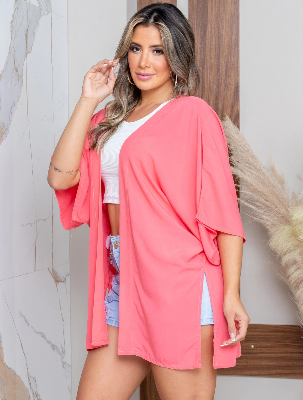 Kimono Saida de Praia Curto Aberto Com Amarração Leve Ohana | Rosa Goiaba