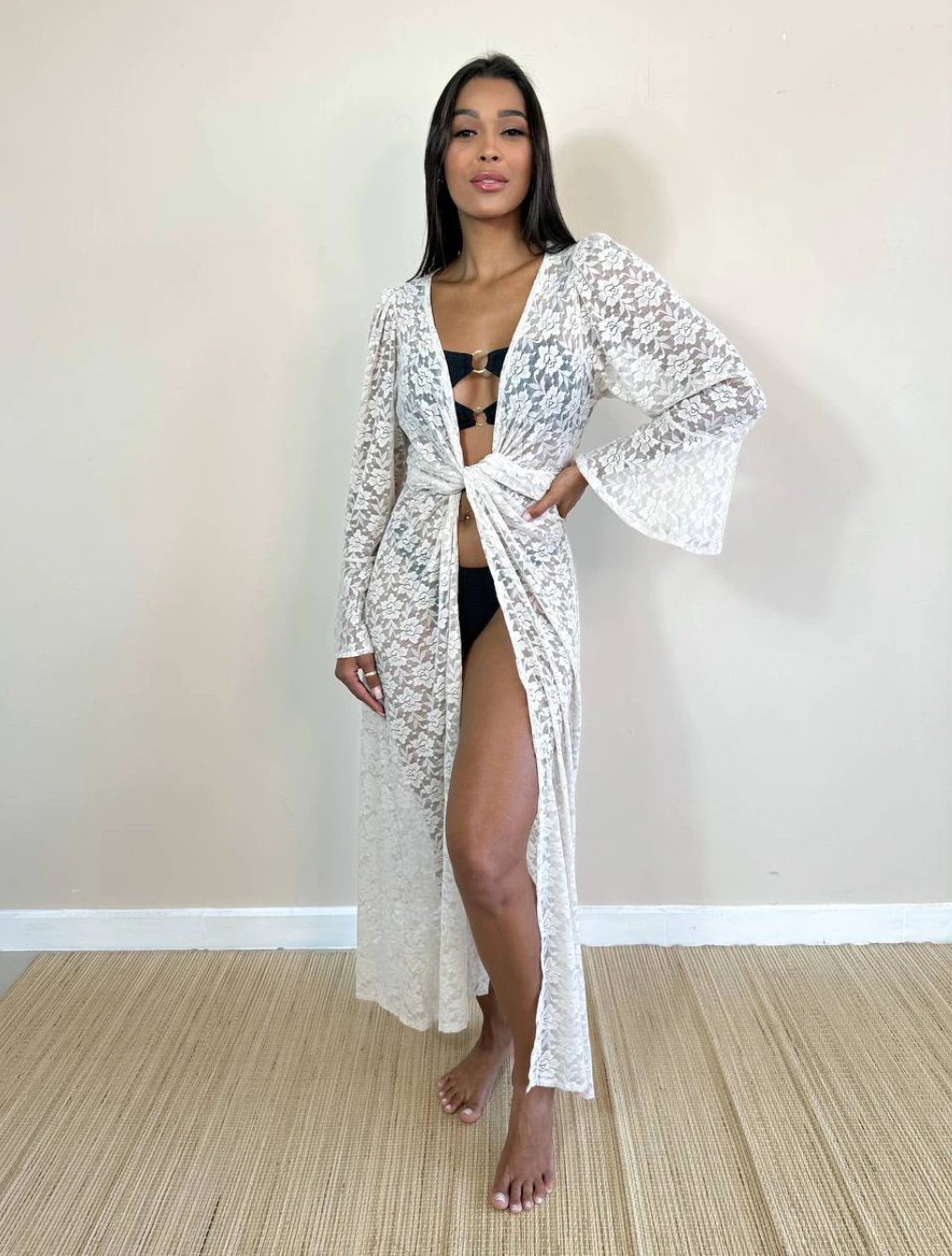 Saída Longa Rendada Com Manga Comprida Fleur | Off White