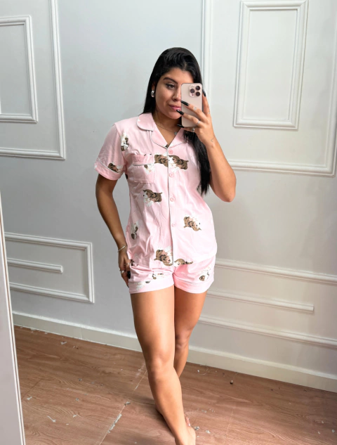 - Pijama Feminino Americano Shorts E Camisa De Botões Cachorrinho | Rosa