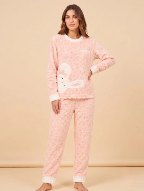 Pijama Feminino Com Camisa Manga Longa e Calça Coelinho Plush | Rosa
