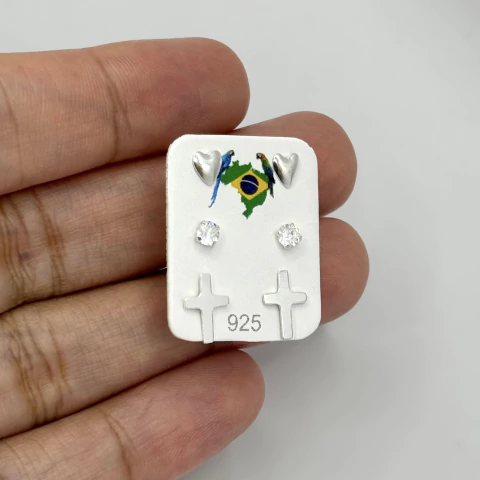 Trio de brincos coração, pedra e cruz - Prata Legítima