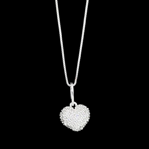 Colar 45 cm. c/ pingente coração cravejado 11 mm. Prata Legítima