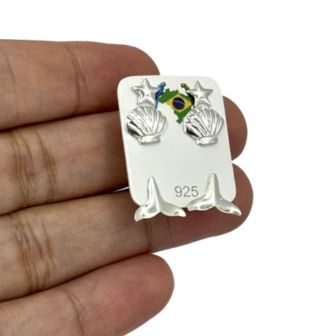 Trio de brincos estrela, concha e rabo baleia - Prata Legítima