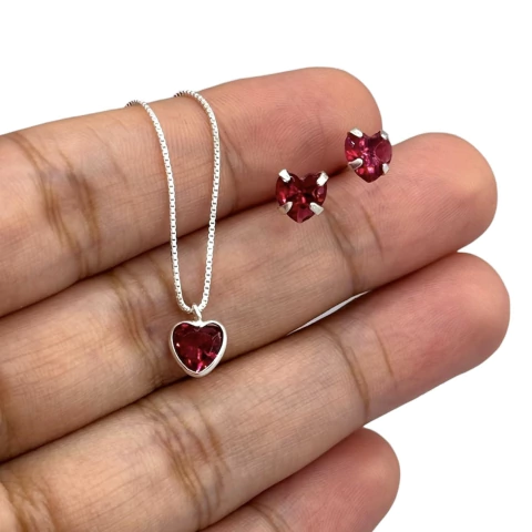 Colar 45 cm. brinco e pingente coração rosa - Prata Legítima