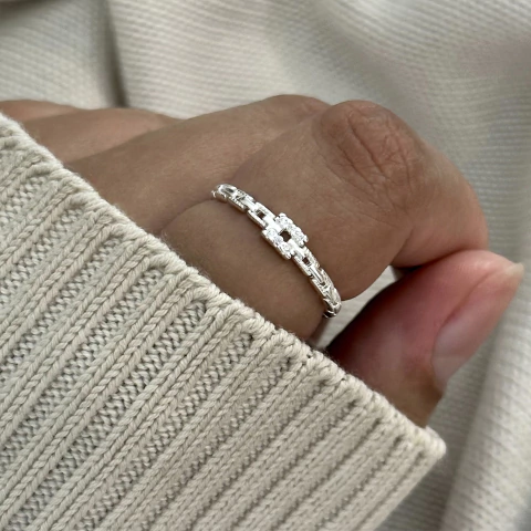 Anel quadrados meio c/ pedras - Prata Legítima