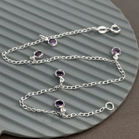 Tornozeleira 24 cm. 5 pedras 5 mm. Prata Legítima