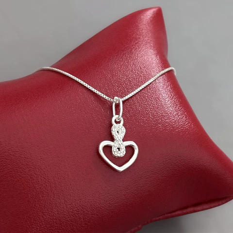 Colar 40 cm. c/ pingente coração e infinito c/ pedras - Prata Legítima