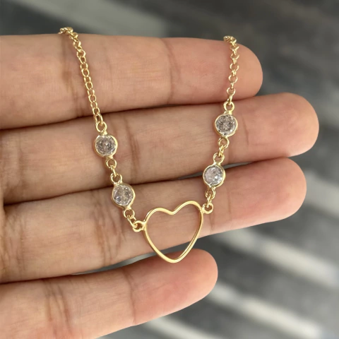 Pulseira coração e 4 pedras - prata com ouro
