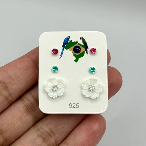 Trio brincos flor e pedras - Prata Legítima