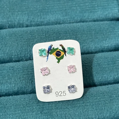 Trio de brincos pedra quadrada colorida - Prata Legítima