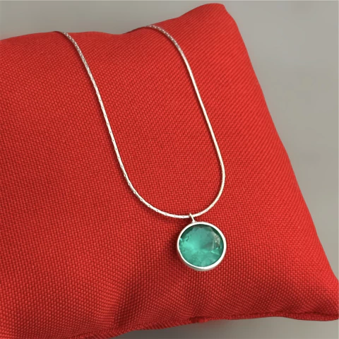 Colar 40 cm. c/ pingente redondo 12.8 mm. pedrão - Prata Legítima